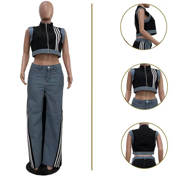 Women Zip Up Sleeveless Striped Color Denim Patchwork Two Piece Pant Set