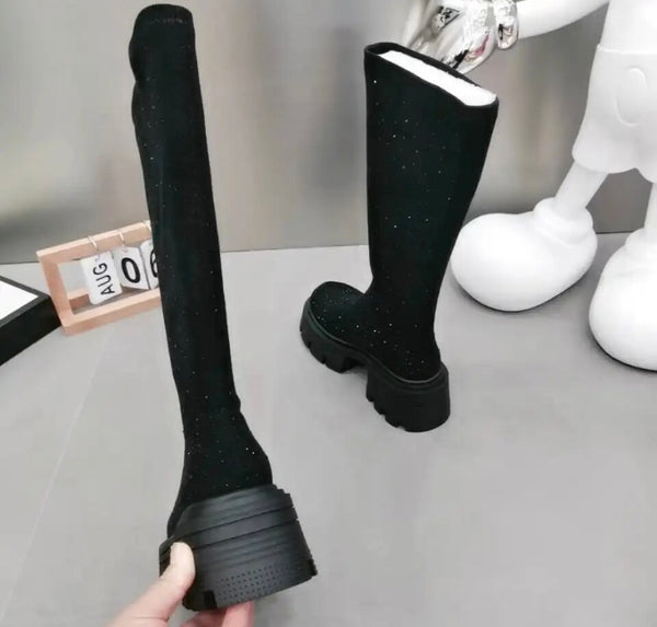 Women Fashion Suede Bling Knee High Boots