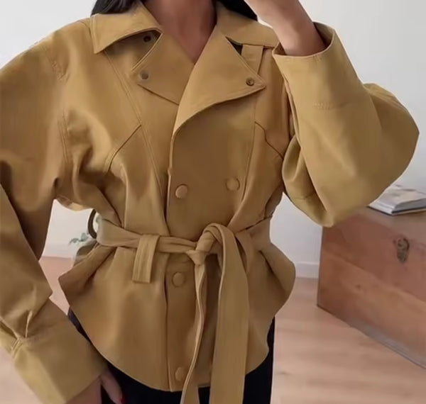 Women Fashion Khaki Belted Blazer Jacket
