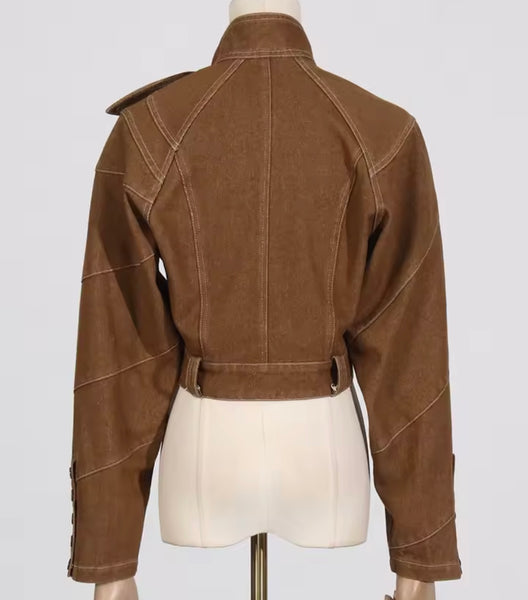 Women Brown Fashion Denim Jacket Button Two Piece Pant Set