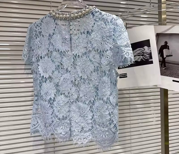 Women Fashion Pearl Rhinestone Lace Short Sleeve Top