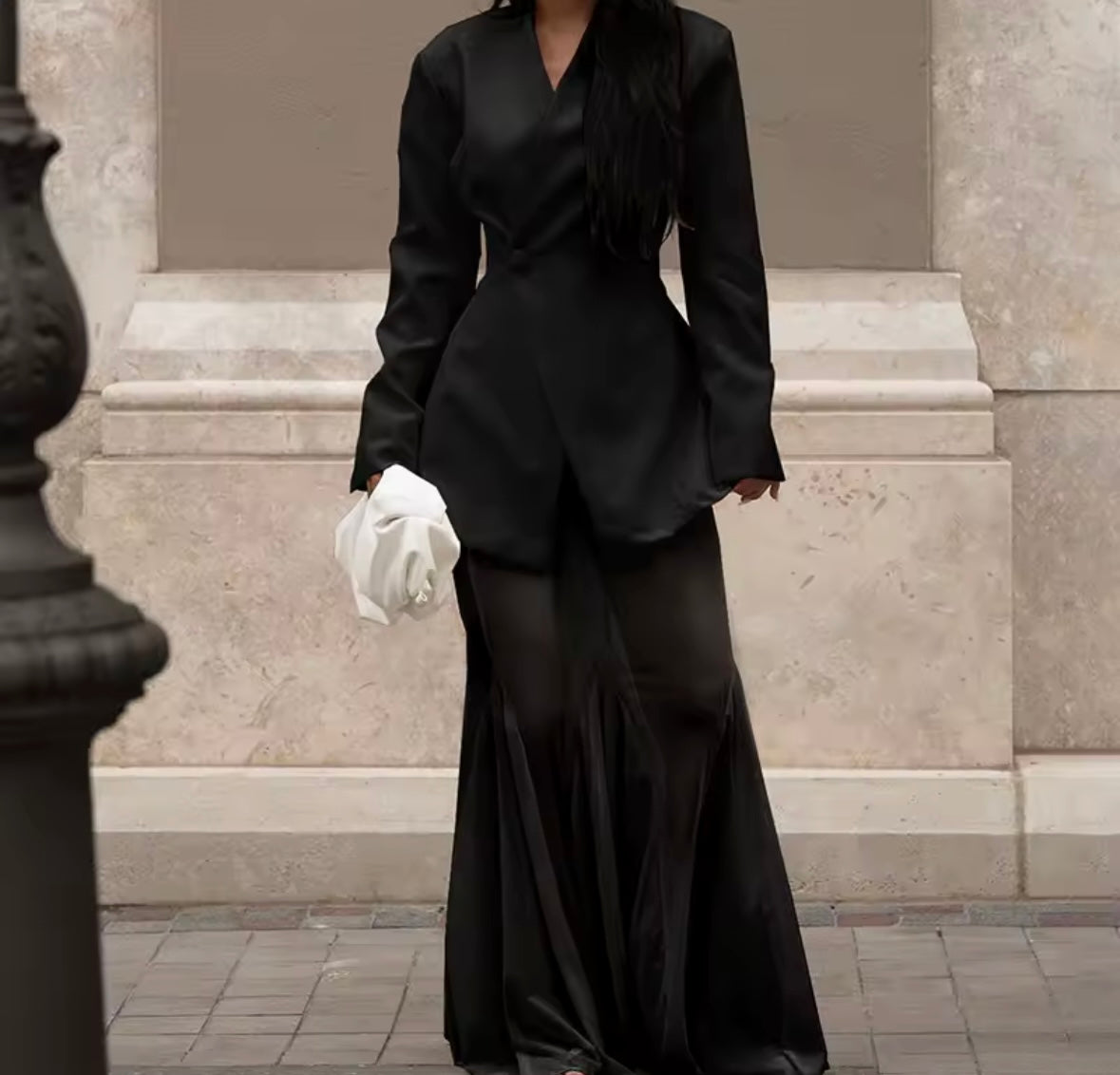 Women Sexy Full Sleeve Blazer Two Piece Mesh Maxi Skirt Set
