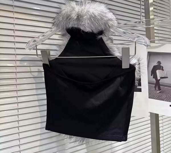 Women Fashion Color Faux Fur Halter Top