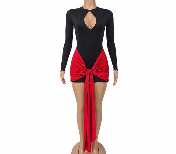 Women Black Sexy Cut Out Full Sleeve Tie Up Dress