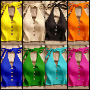 Women Fashion Sleeveless Halter Bling Letter Print Crop Top