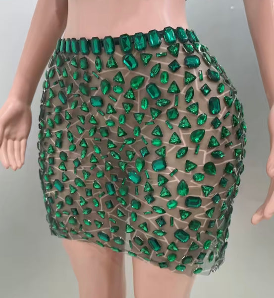 Women Sexy Sleeveless Green Crystal Mesh Two Piece Skirt Set