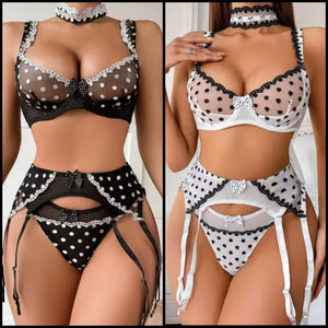 Women Sexy Choker B&W Polka Dot Mesh Lingerie Set