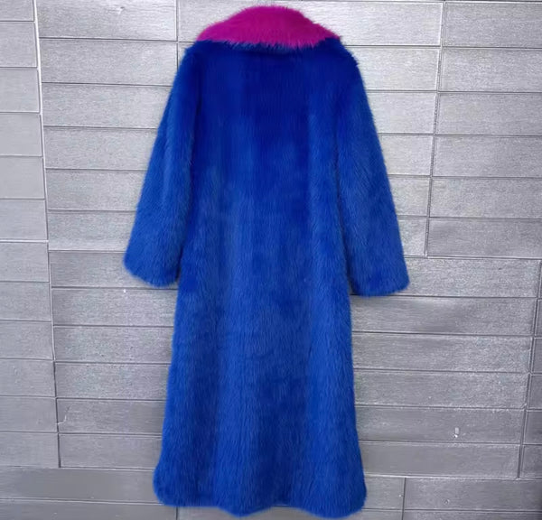 Women Color Patchwork Fashion Faux Fur Long Jacket