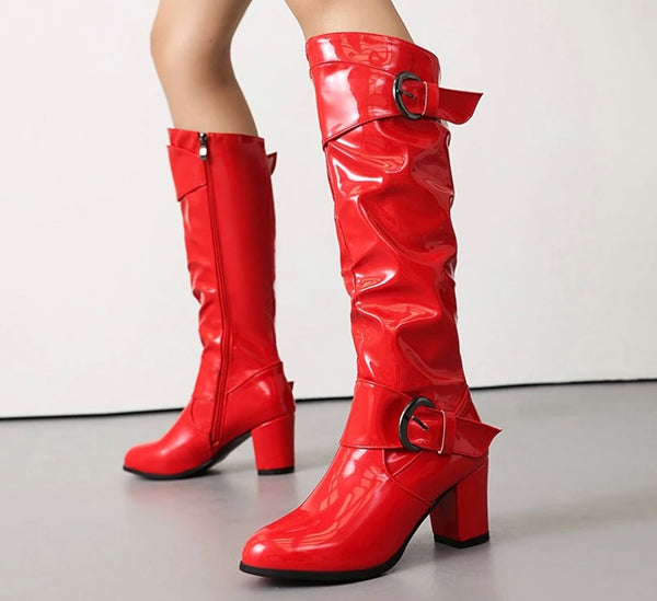 Women Fashion Patent Leather Buckled Knee High Boots
