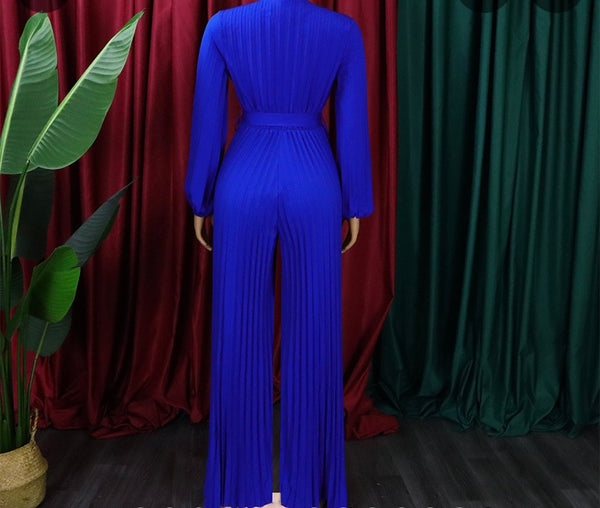 Women Sexy V-Neck Full Sleeve Belted Pleated Jumpsuit
