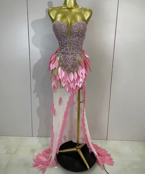 Women Sexy Strapless Beaded Sequins Side Split Maxi Dress