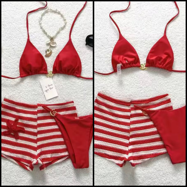 Women Sexy Red Bikini Striped Cover Up Set