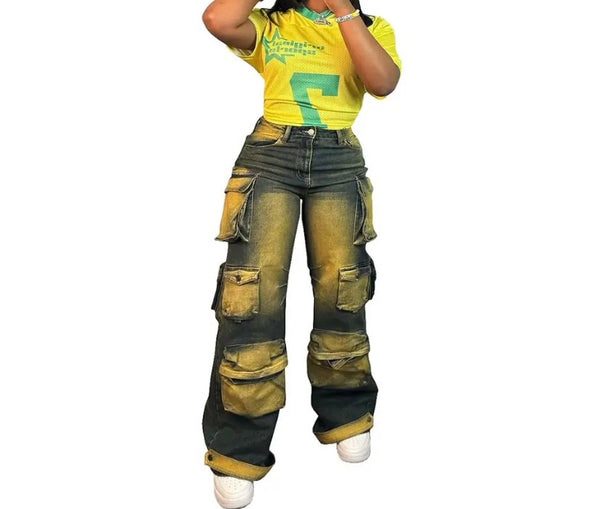 Women Fashion Yellow Paint Patchwork Cargo Denim Pants