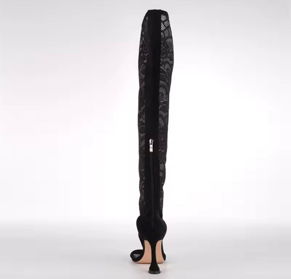 Women Black Open Toe Lace Fashion Knee High Boots