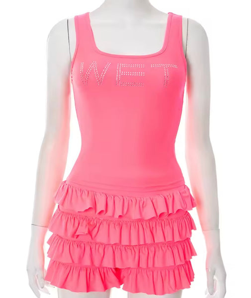 Women Sexy Sleeveless Bling Letter Print Ruffled Two Piece Short Set