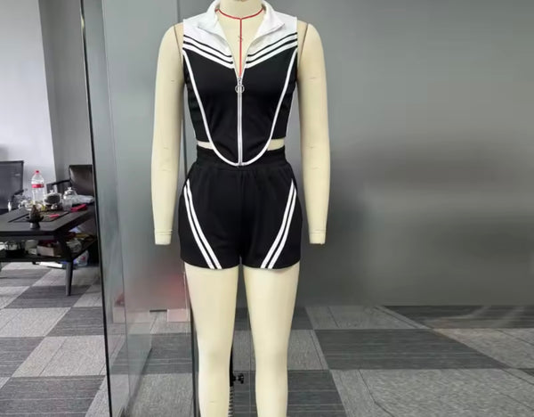 Women Fashion Zip Up Sleeveless Striped Two Piece Short Set