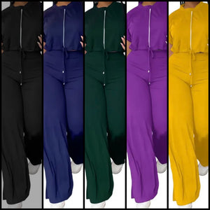 Women Fashion Zip Up Short Sleeve Fashion Two Piece Pant Set