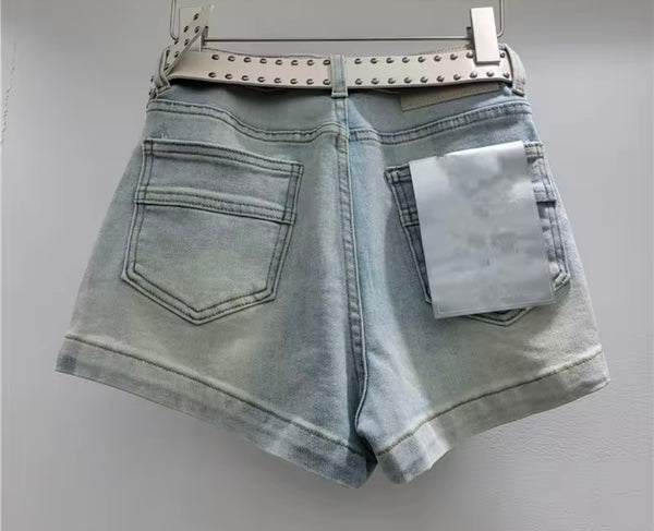 Women Blue Fashion Gold Metal Denim Shorts