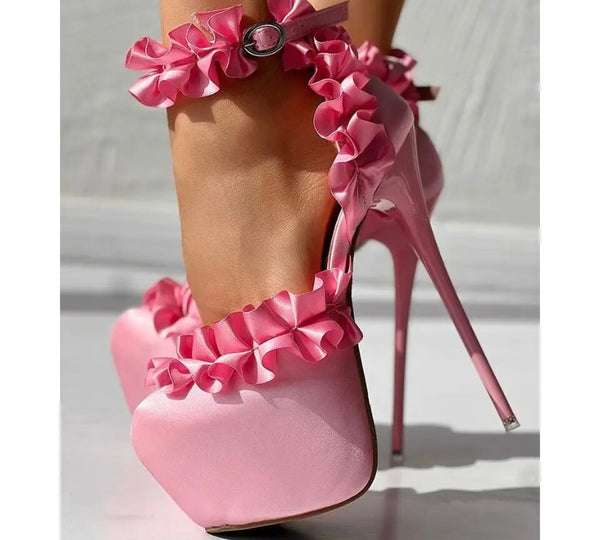 Women Fashion Ruffled Platform Ankle Strap High Heels