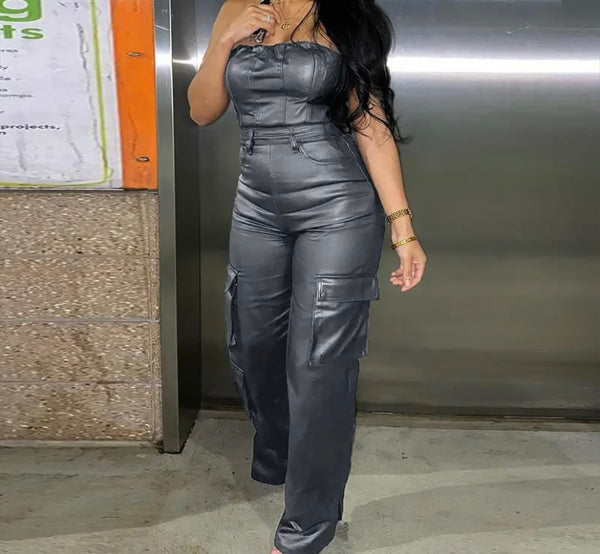 Women Sexy Strapless Faux Leather Cargo Jumpsuit