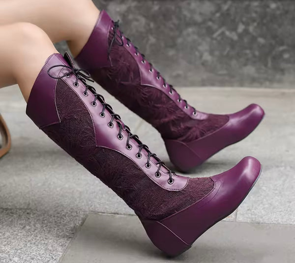 Women Fashion Floral Lace Up Flat Knee High Boots