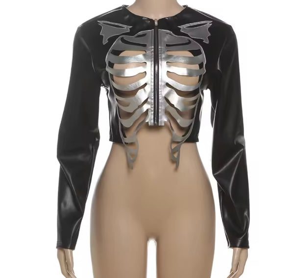 Women Fashion Black/Silver Cut Out Faux Leather Jacket