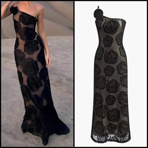 Women Black Sexy One Shoulder Sleeveless Floral Maxi Dress