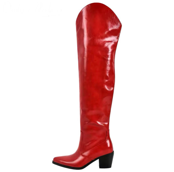 Women Red Fashion Faux Leather Knee High Western Boots