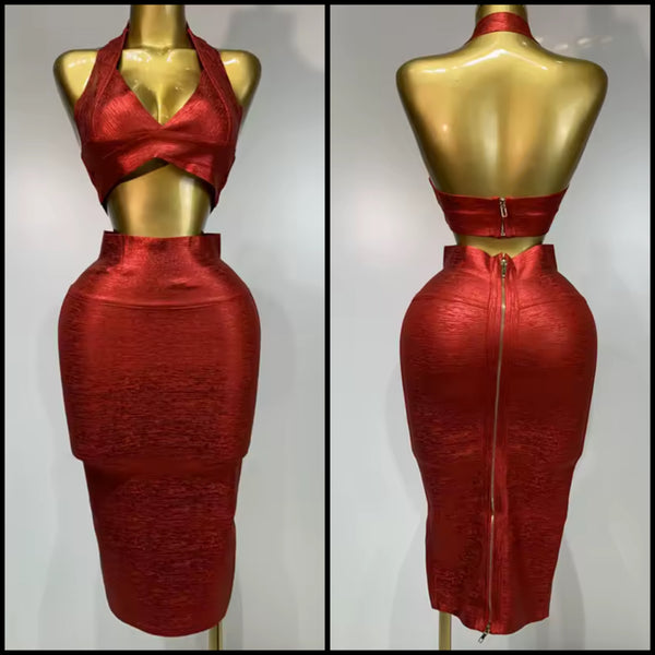 Women Red Halter Sleeveless Crop Sexy Two Piece Skirt Set