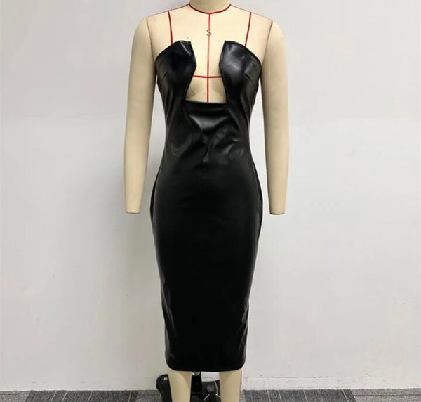 Women Sexy Strapless Black PU Dress