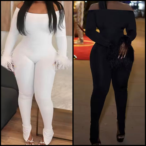 Women Off The Shoulder Feather Full Sleeve Fashion Jumpsuit