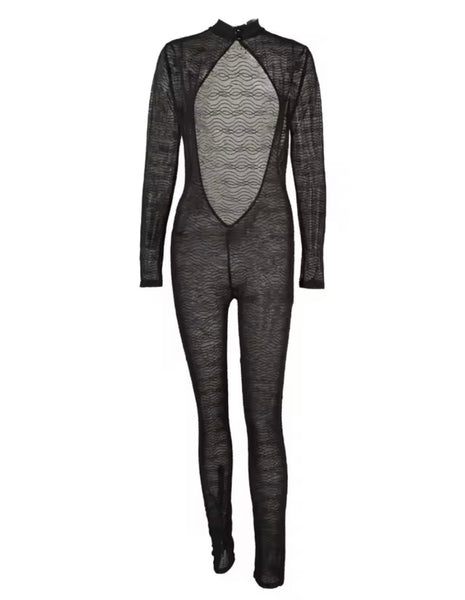 Women Sexy Black Mesh Open Back Full Sleeve Jumpsuit