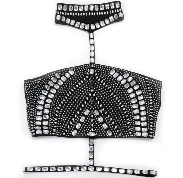 Women Sexy Choker Sleeveless Bling Mesh Two Piece Skirt Set