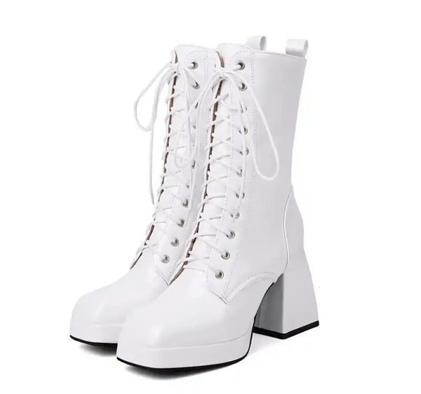 Women Fashion Lace Up Patent Leather Ankle Boots