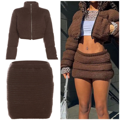 Women Brown Zip Up Puff Jacket Fashion Two Piece Skirt Set