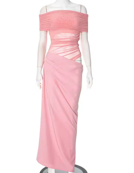 Women Sexy Off The Shoulder Solid Color Mesh Patchwork Dress