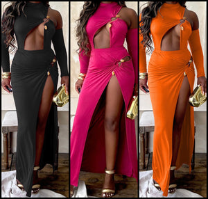 Women Sexy Solid Color Cut Out Full Sleeve Bodysuit Two Piece Maxi Skirt Set