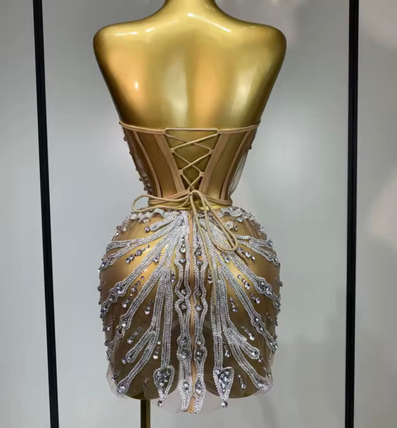 Women Sexy Strapless Bling Rhinestone Mesh Dress