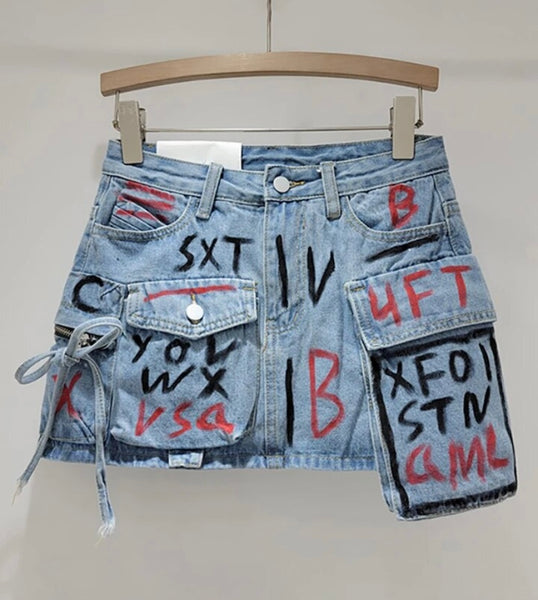 Women Fashion Graffiti Cargo Denim Skirt