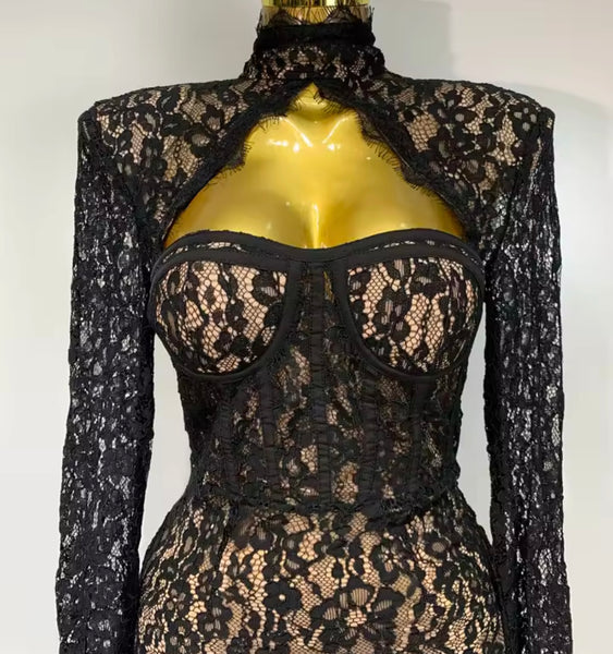 Women Black Sexy Turtleneck Full Sleeve Cut Out Lace Dress