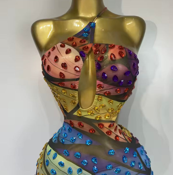 Women Sexy Sleeveless Open Back Colorful Rhinestone Dress