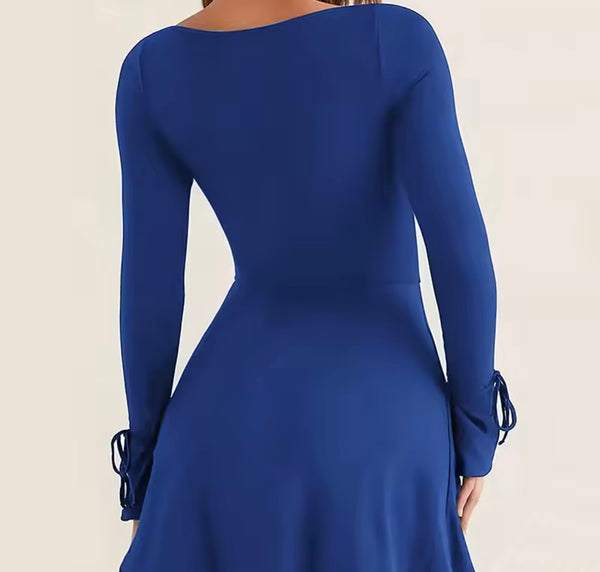 Women Sexy Solid Color Tie Up Full Sleeve Side Split Dress