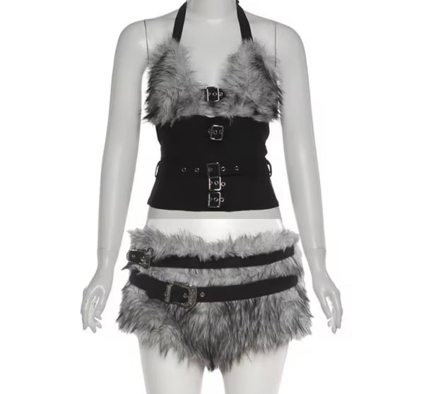 Women Sexy Fashion Halter Sleeveless Fur Two Piece Short Set