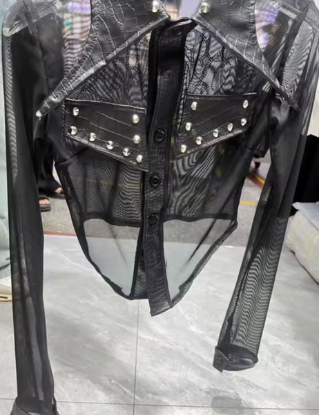 Women Black Bling PU Patchwork Mesh Full Sleeve Top