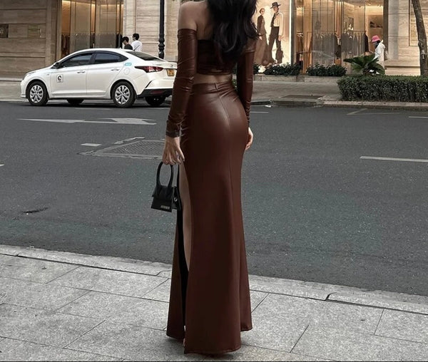 Women Brown Faux Leather One Shoulder Full Sleeve Two Piece Maxi Skirt Set