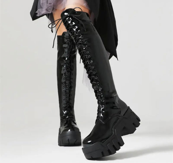 Women Black Faux/Patent Leather Lace Up Platform Knee High Boots