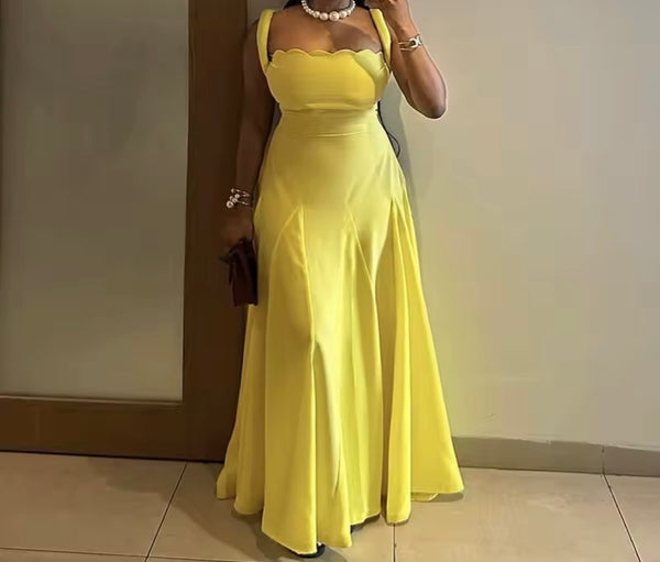 Women Yellow Sleeveless Sexy Maxi Dress