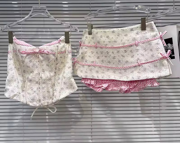 Women Sexy Plaid Floral Strapless Corset Two Piece Skirt Set
