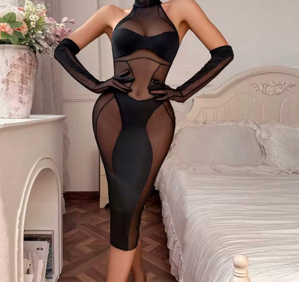 Women Sexy Sleeveless Black Mesh Glove Lingerie Set