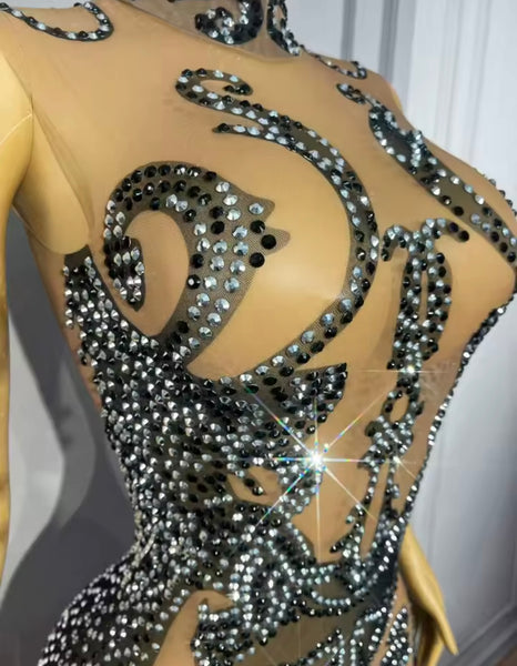Women Sexy Sleeveless Mesh Black Rhinestone Dress